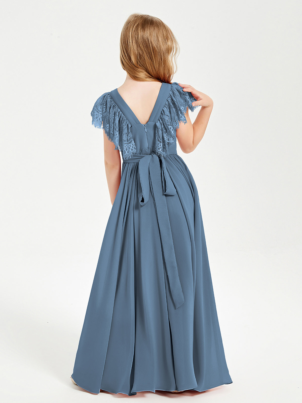 Chiffon Junior Bridesmaid Dresses with Lace Flutter Sleeves Slate Blue